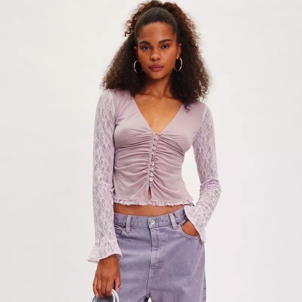 Kimchi Blue Fairy Boho Lace Ruched Top M Mauve Coquette Cottagecore Whimsical